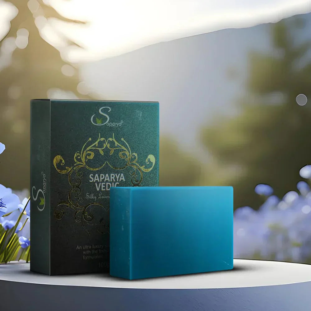 Best tan removing soap from Saparya Vedic displayed with elegant green packaging and a blue soap bar placed outdoors in soft natural light.