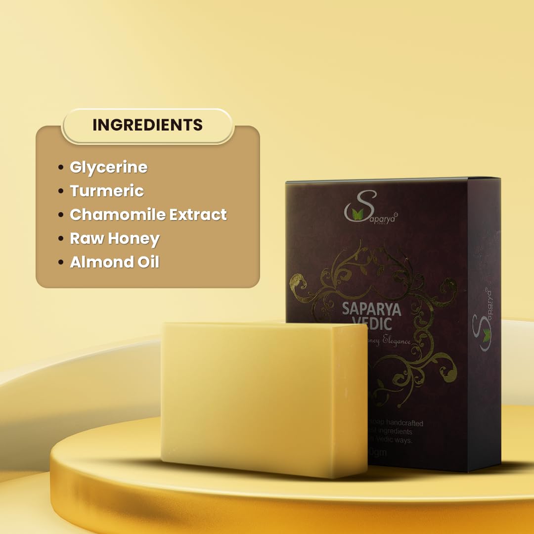Saparya Vedic Ayurvedic Golden Honey Elegance Soap |Anti ageing soap| Handmade Glycerine Transparent Bathing Bar with Honey Turmeric Almond Oil and Chamomile Extract | All Skin Type Glowing Soap for Men Women (100g)