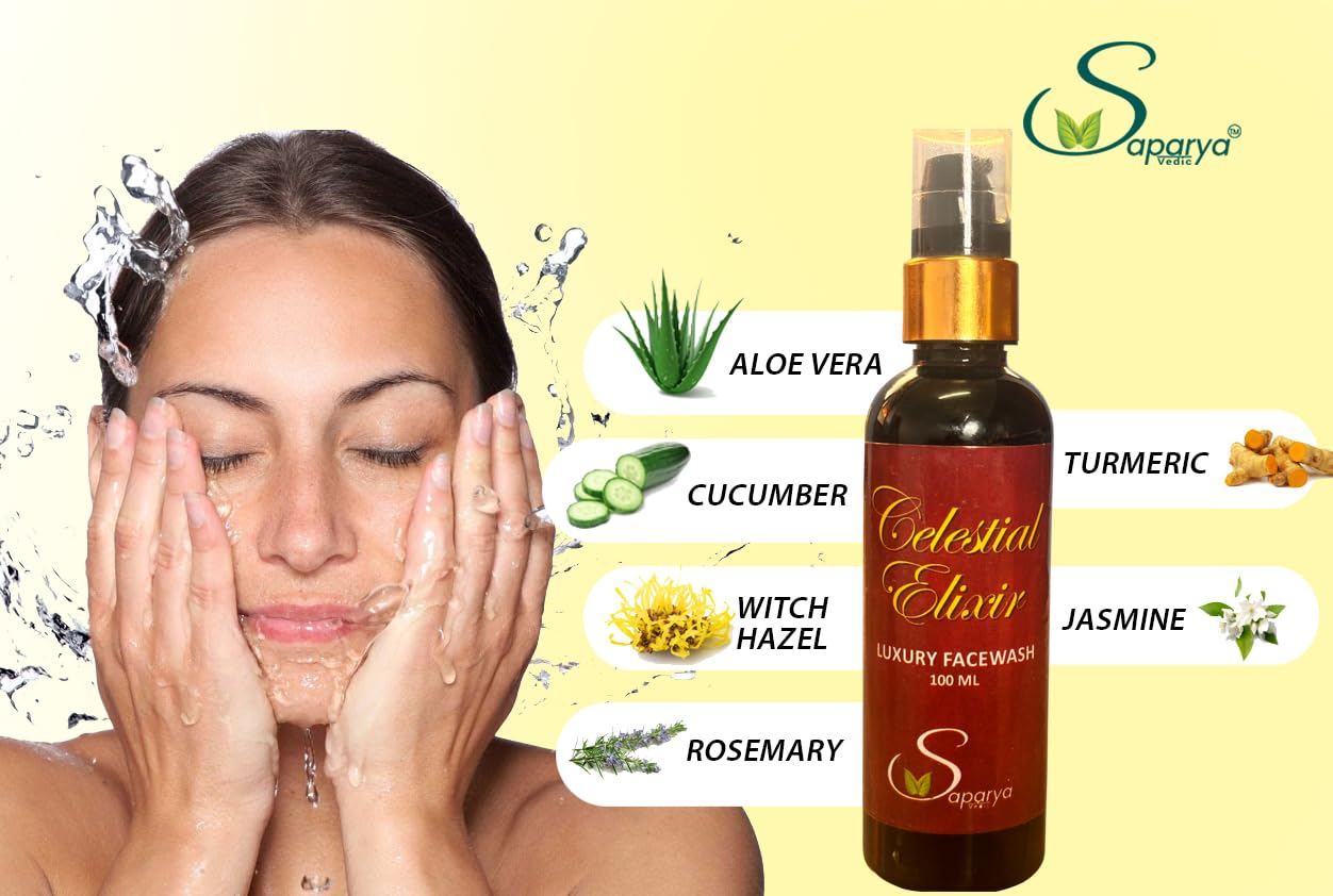 SAPARYA VEDIC Celestial Elixir Facewash | Natural De-Tan Facial Cleanser With Aloe Vera Turmeric Witch Hazel Jasmine Rosemary | All Skin Types Hydrating Gel Based Face Wash For Men and Women (100 ml)