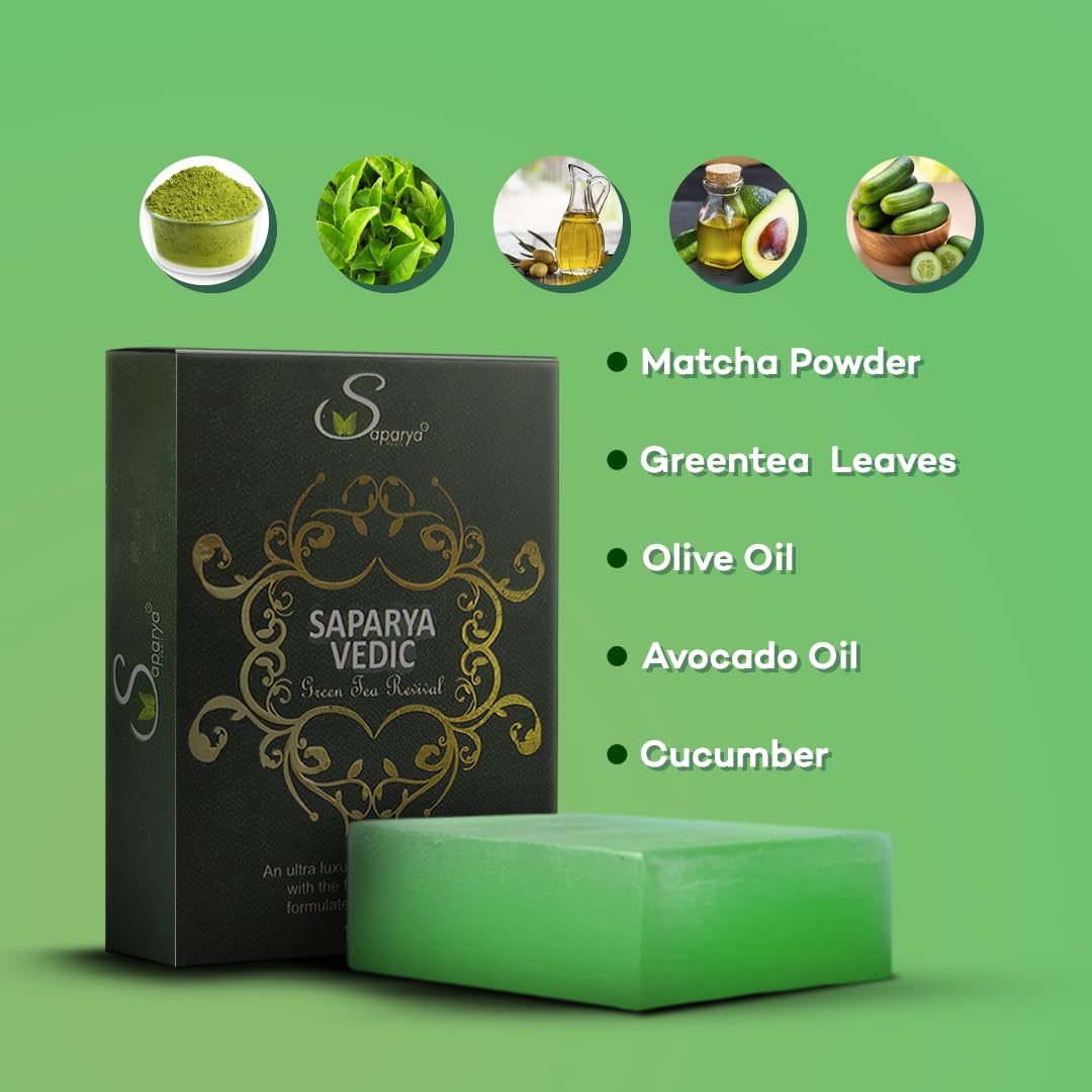 Saparya Vedic Green Tea Transparent Soap | Handcrafted Matcha Cucumber Olive Avocado Oil Glycerine Bathing Bar | Antibacterial Anti Acne All Skin Type Moisturizing Body Cleanser for Men Women (100 g)