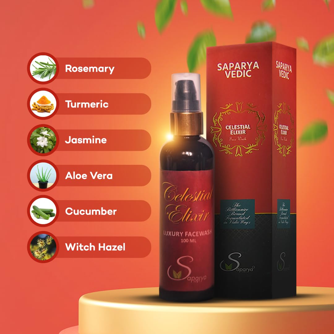 SAPARYA VEDIC Celestial Elixir Facewash | Natural De-Tan Facial Cleanser With Aloe Vera Turmeric Witch Hazel Jasmine Rosemary | All Skin Types Hydrating Gel Based Face Wash For Men and Women (100 ml)