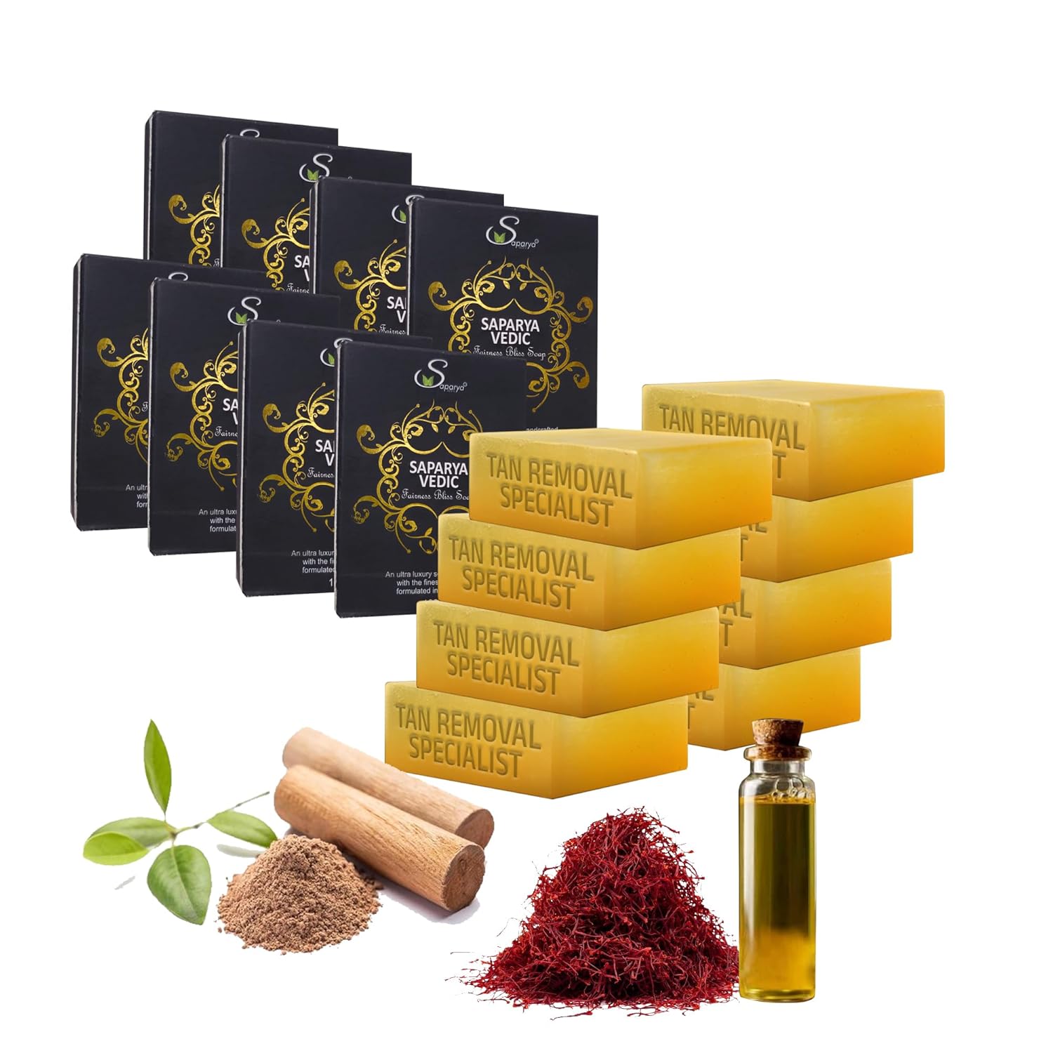 Saparya Vedic Fairness Bliss| Sandal wood and Kumkumadi thailam (SAFFRON OIL) | Handcrafted Glycerine Soap | With chandan and Kesar | Aromatic with Avarampoo,and Aloe Vera |Tan removal specialist|for glowing skin soap 100 gm .set of:(8)