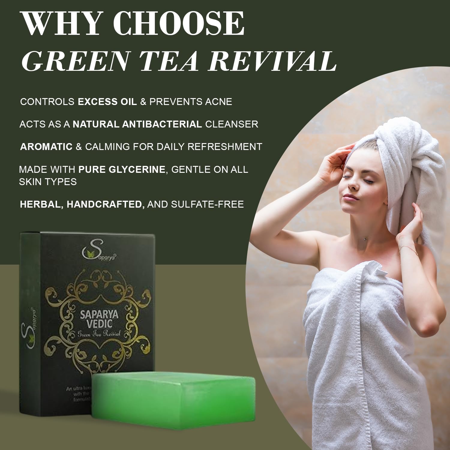 Saparya Vedic Green Tea Revival Transparent Soap | Handcrafted Matcha Cucumber Olive Avocado Oil Glycerine Bathing Bar | Antibacterial All Skin Type Body Cleanser for Men and Women (Pack of 4, 100 g Each)
