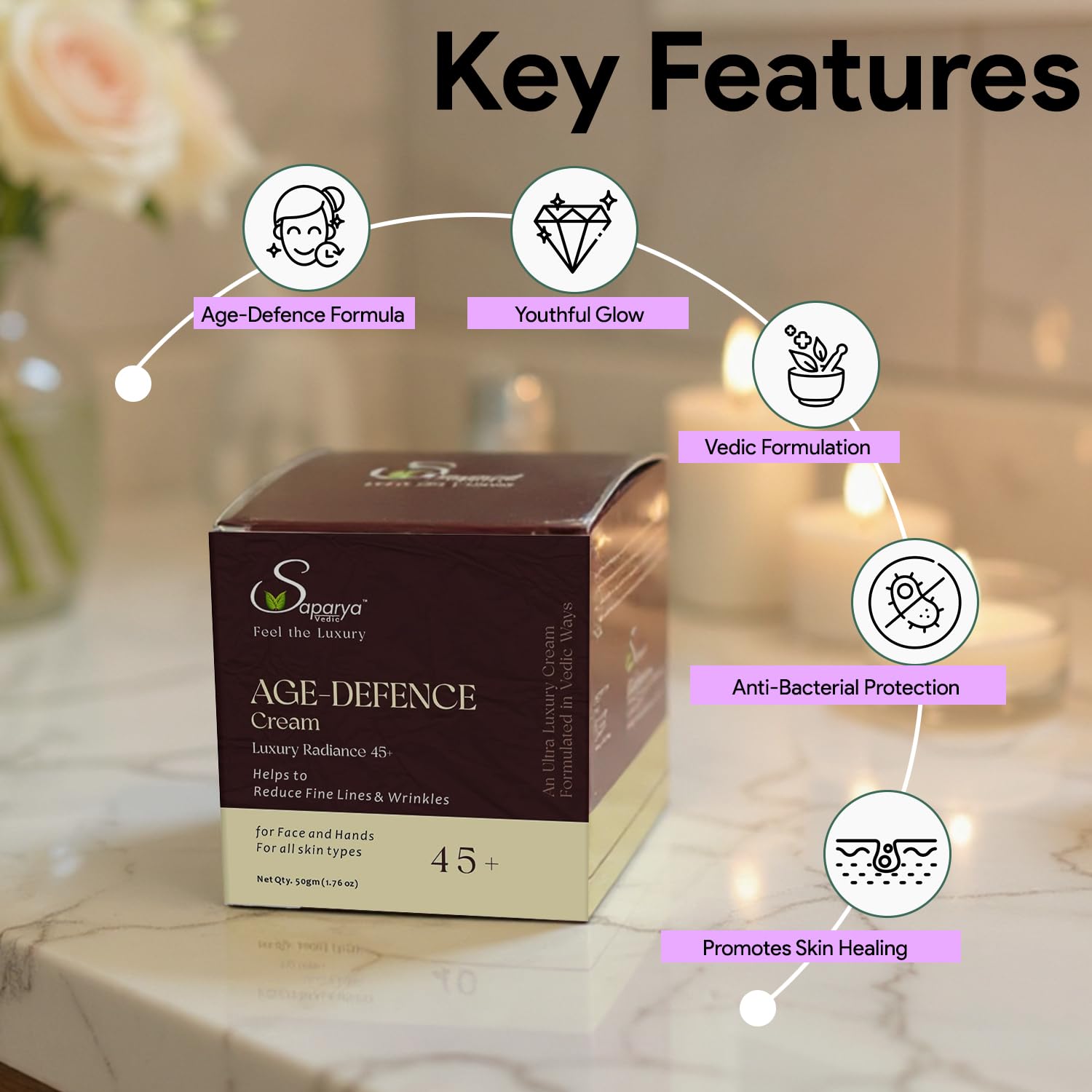 Saparya Vedic LUXURY RADIANCE 45+ Age Defence Cream 50gm | 3-in-1 cream - Anti-Ageing, skin brightening and skin softening Face Cream | Anti Wrinkles & Fine Lines | Prejuvenating Face Cream for All Skin Types | Daily Use for Men and Women