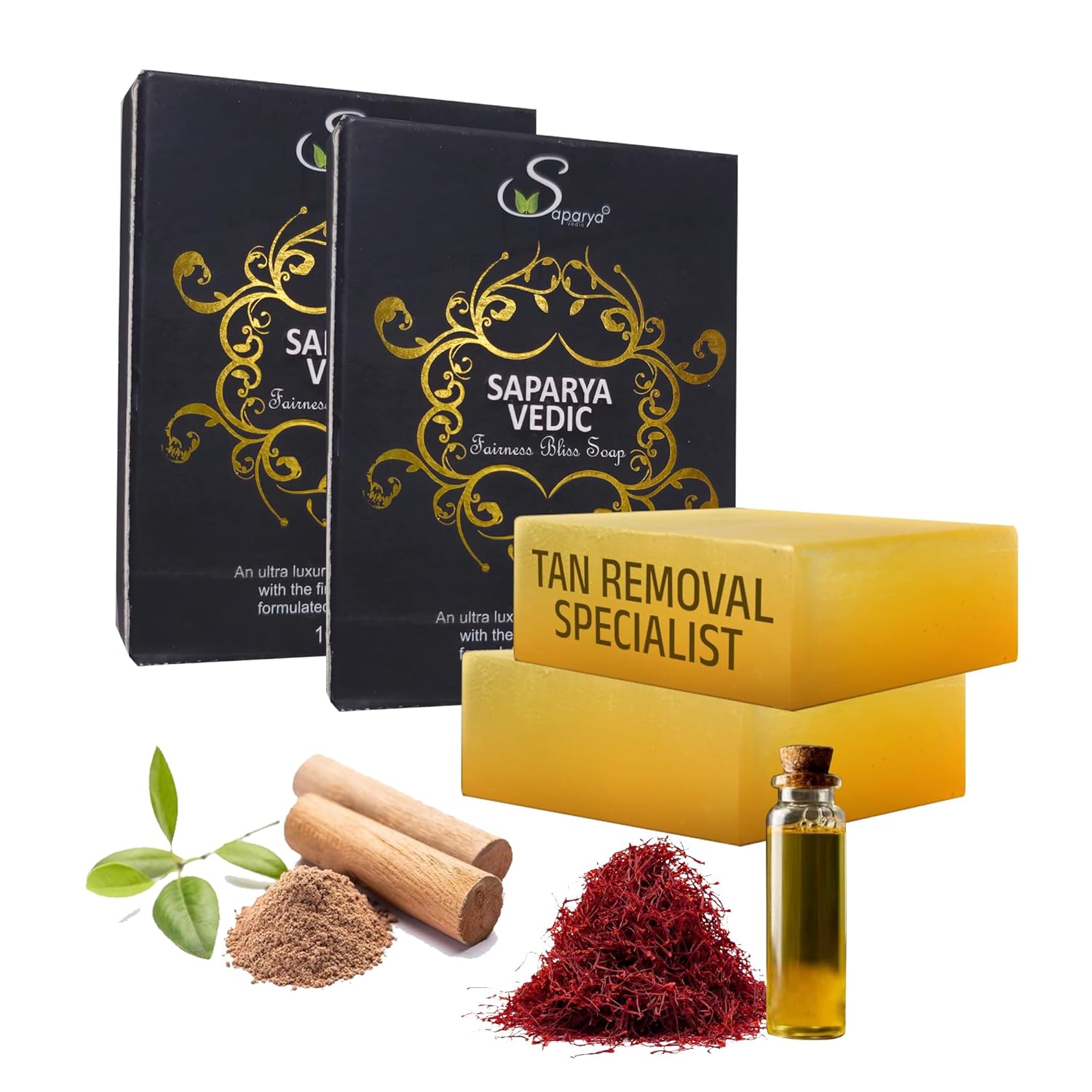 Saparya Vedic Fairness Bliss | Sandal wood and Kumkumadi thilam(SAFFRON OIL) | Handcrafted Glycerine Soap | With chandan and Kesar | Aromatic with Avarampoo and Aloe Vera |Tan removal specialist|for glowing skin bath soap 100 gm (Pack of Two)