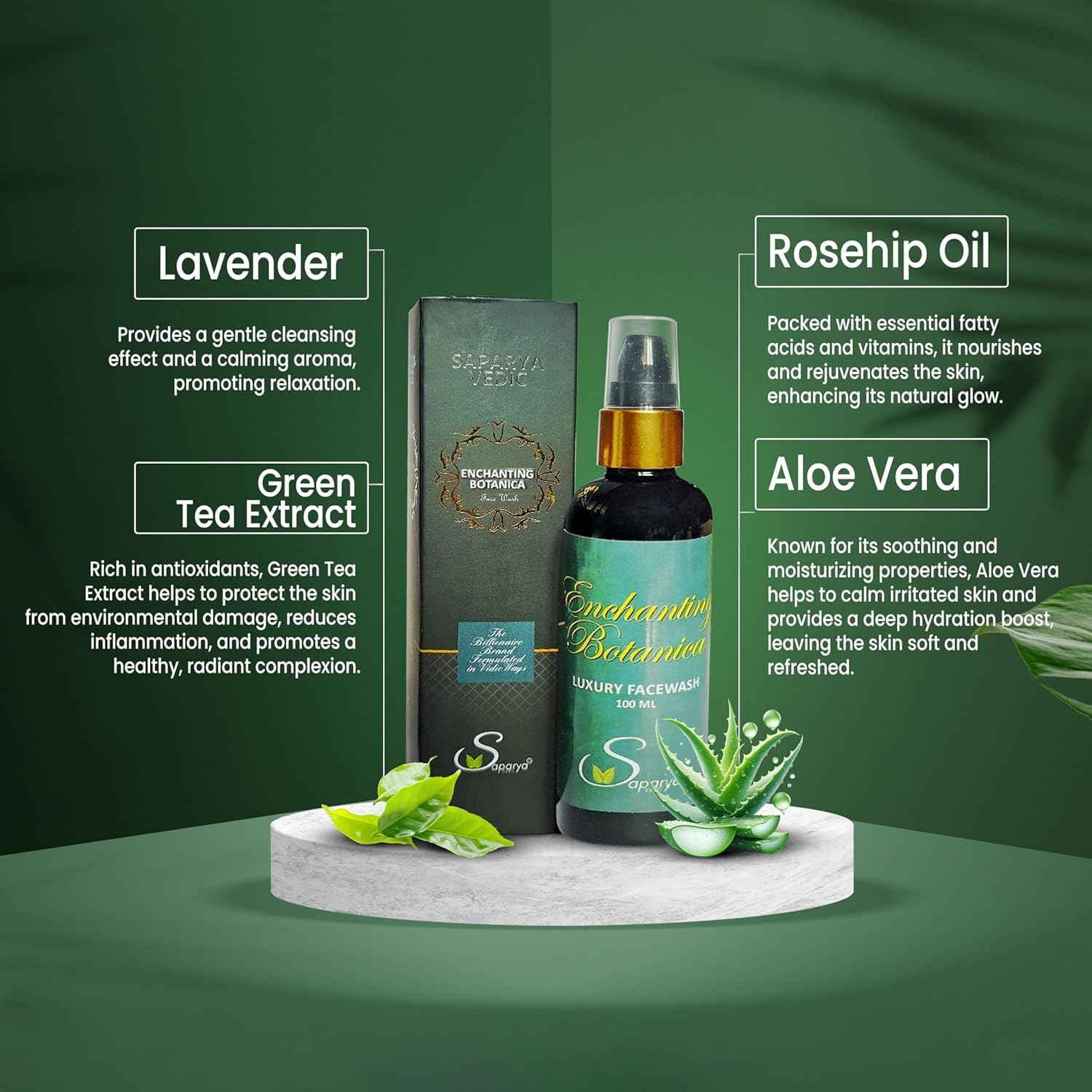 Saparya Vedic Enchanting Botanica Facewash | Natural Facial Cleanser with Rose Water Chamomile Green Tea Calendula Lavender Rosehip Oil | All Skin Types Gel Based Face Wash For Men and Women (100 ml)