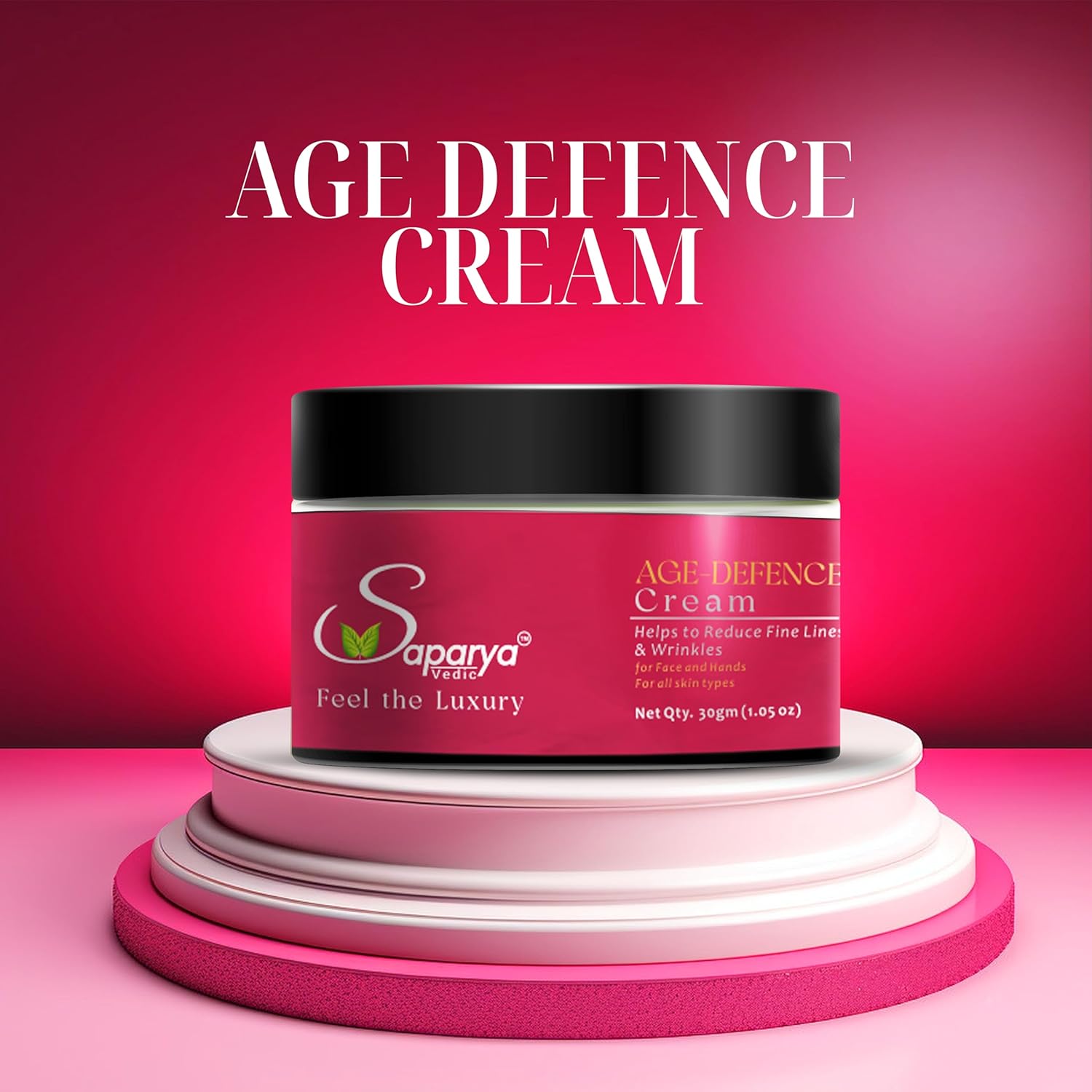 Saparya Vedic Affordable Age Defence Cream jar on a pink platform with a pink background