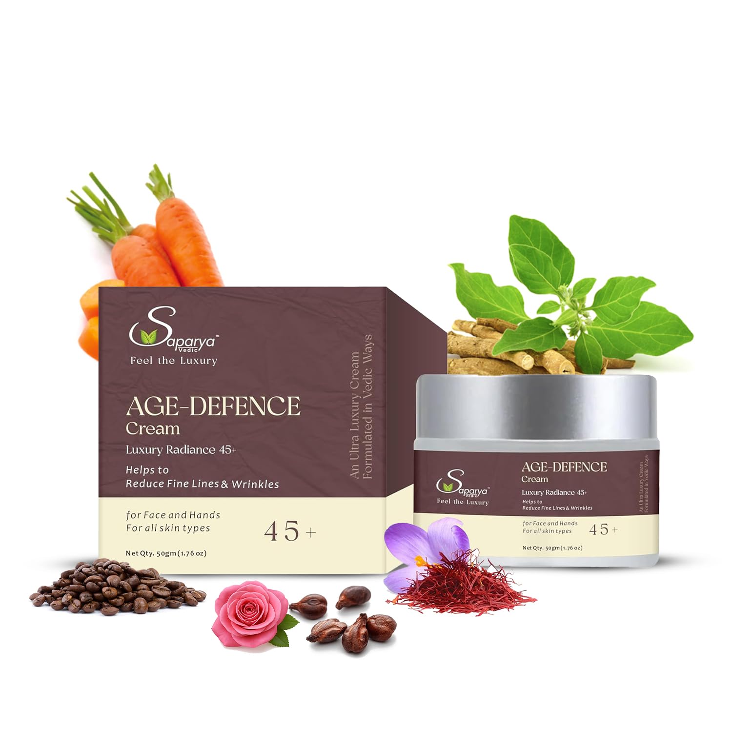 Age Defence cream packaging with natural elements on a white background