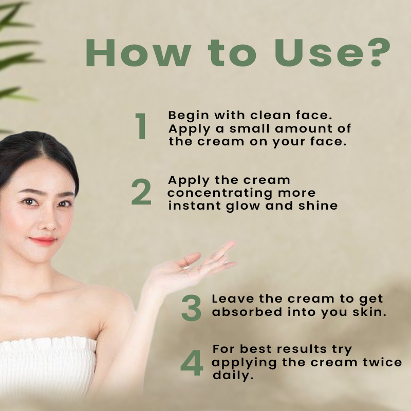 Instructions on how to use a ayurvedic face glow cream with a woman's face in the background