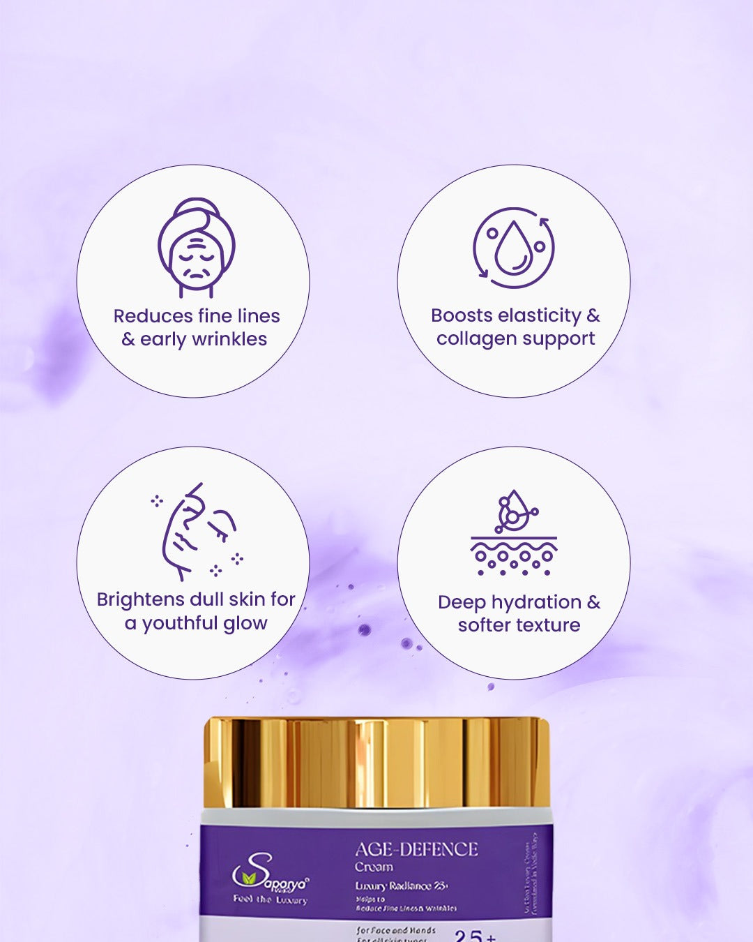 Saparyavedic Age Defence Cream jar with text on a purple background