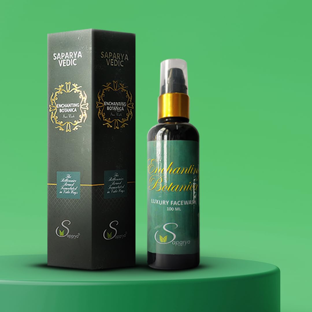 Saparya Vedic Enchanting Botanica luxury face wash bottle and packaging on a green background