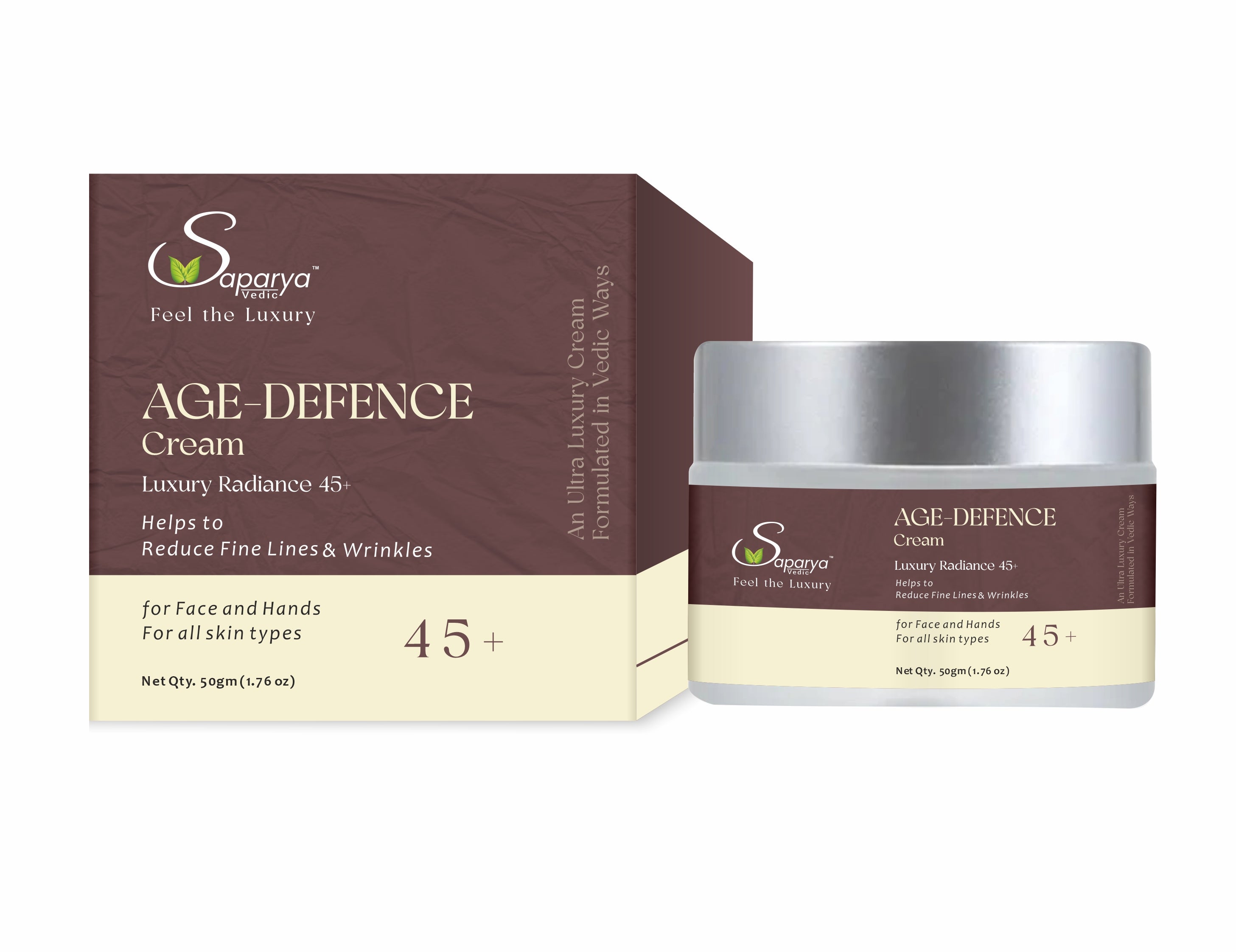 Saparyavedic Age-Defence Cream packaging with jar and box on a white background