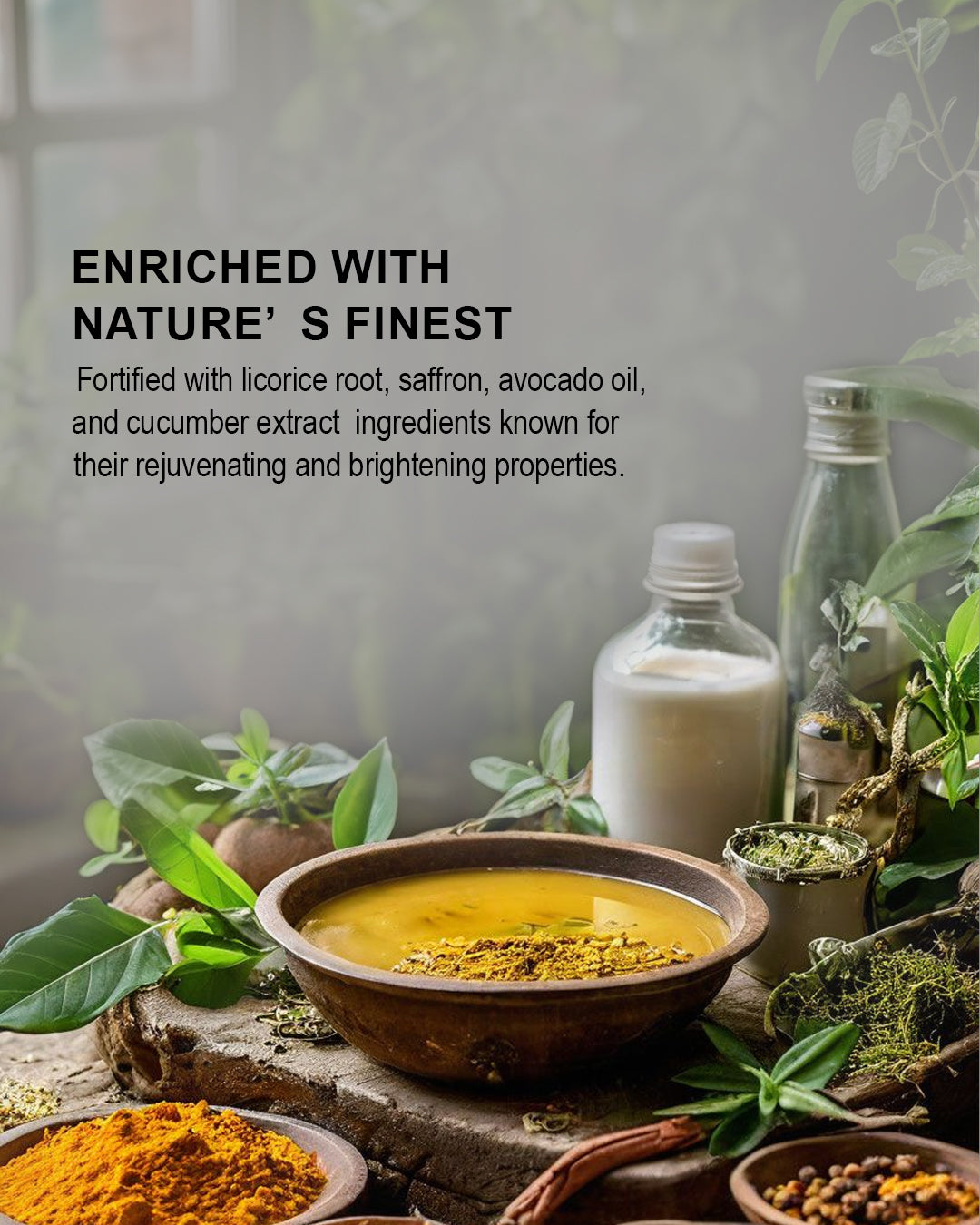 Saparyavedic age defence creams Natural ingredients and products with text about nature's finest ingredients.
