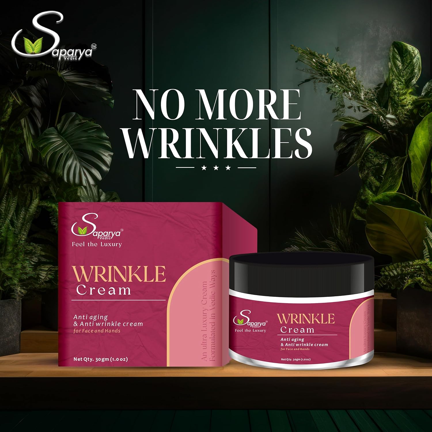 Saparya Wrinkle Cream packaging with plants in the background
