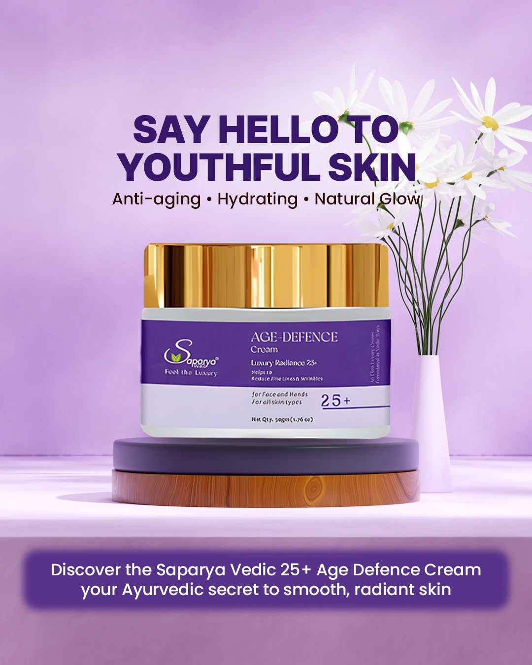 Saparya Vedic Age Defence Cream jar with on a purple background