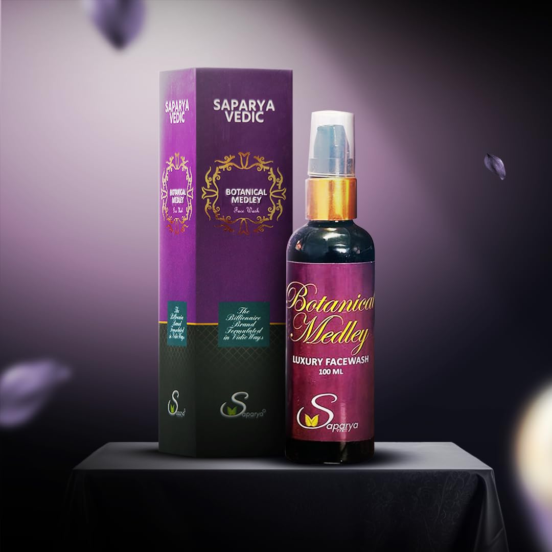 Saparya Vedic Botanical Medley luxury facewash bottle and packaging on a dark background