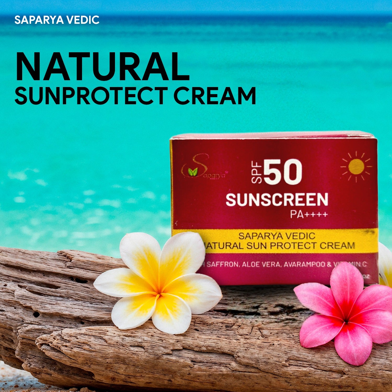 Saparya Vedic sunscreen cream with flowers on a beach background
