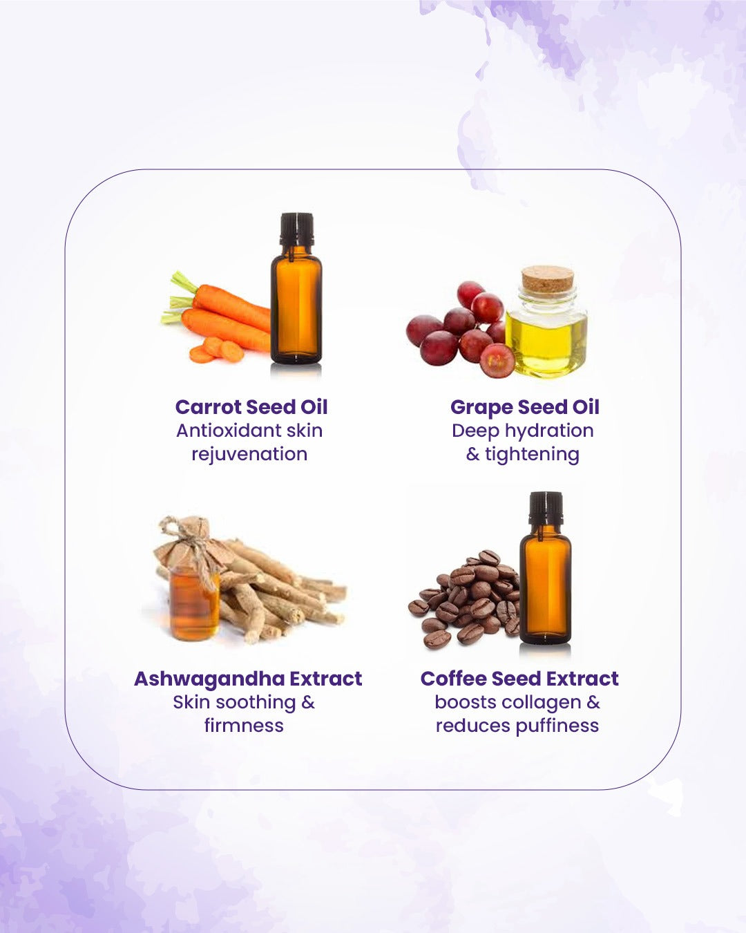 Age Defence Cream Four types of oils with their benefits on a purple background