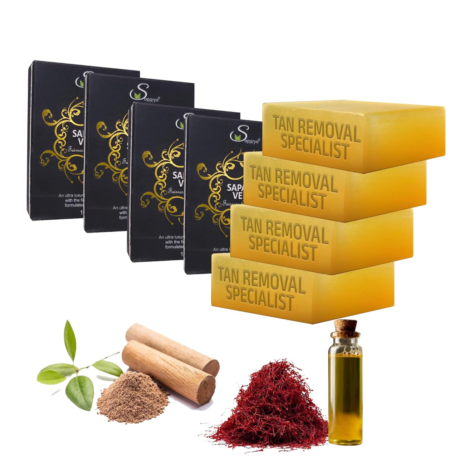Tan removal specialist soap bars with packaging, cinnamon sticks, saffron, and a bottle of oil on a white background.