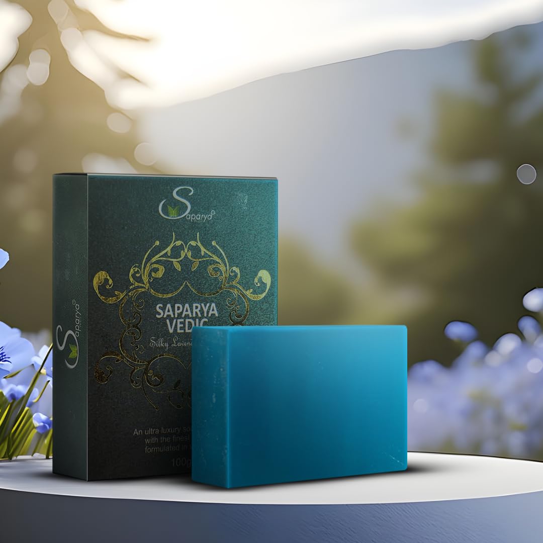 Blue soap bar with Saparya Vedic packaging against a blurred natural background