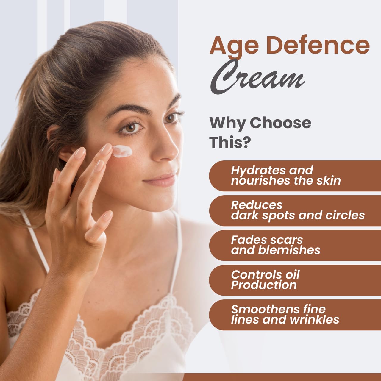 Woman applying age defense cream with product features listed on a white background