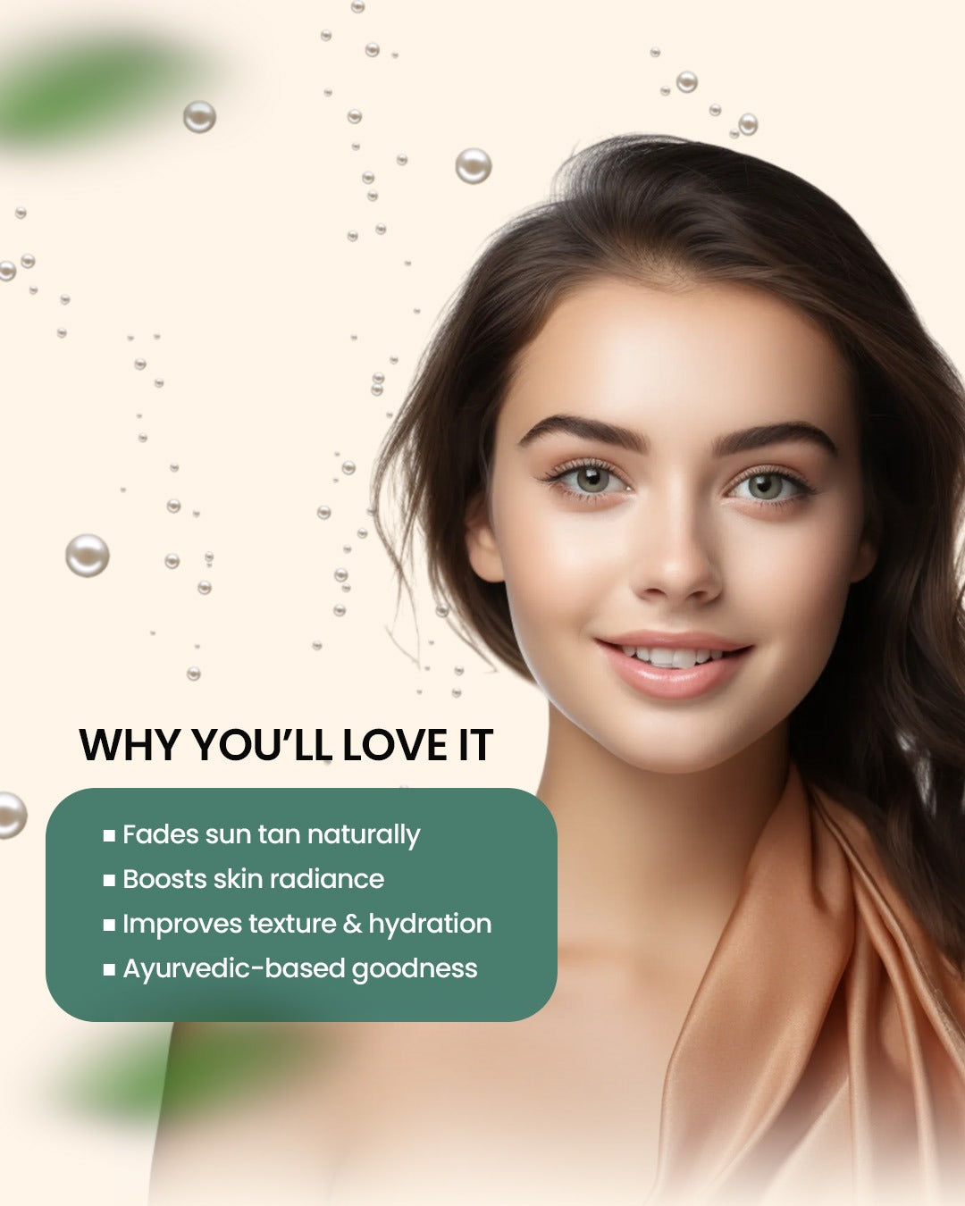 Woman with glowing skin and text highlighting benefits on a light background