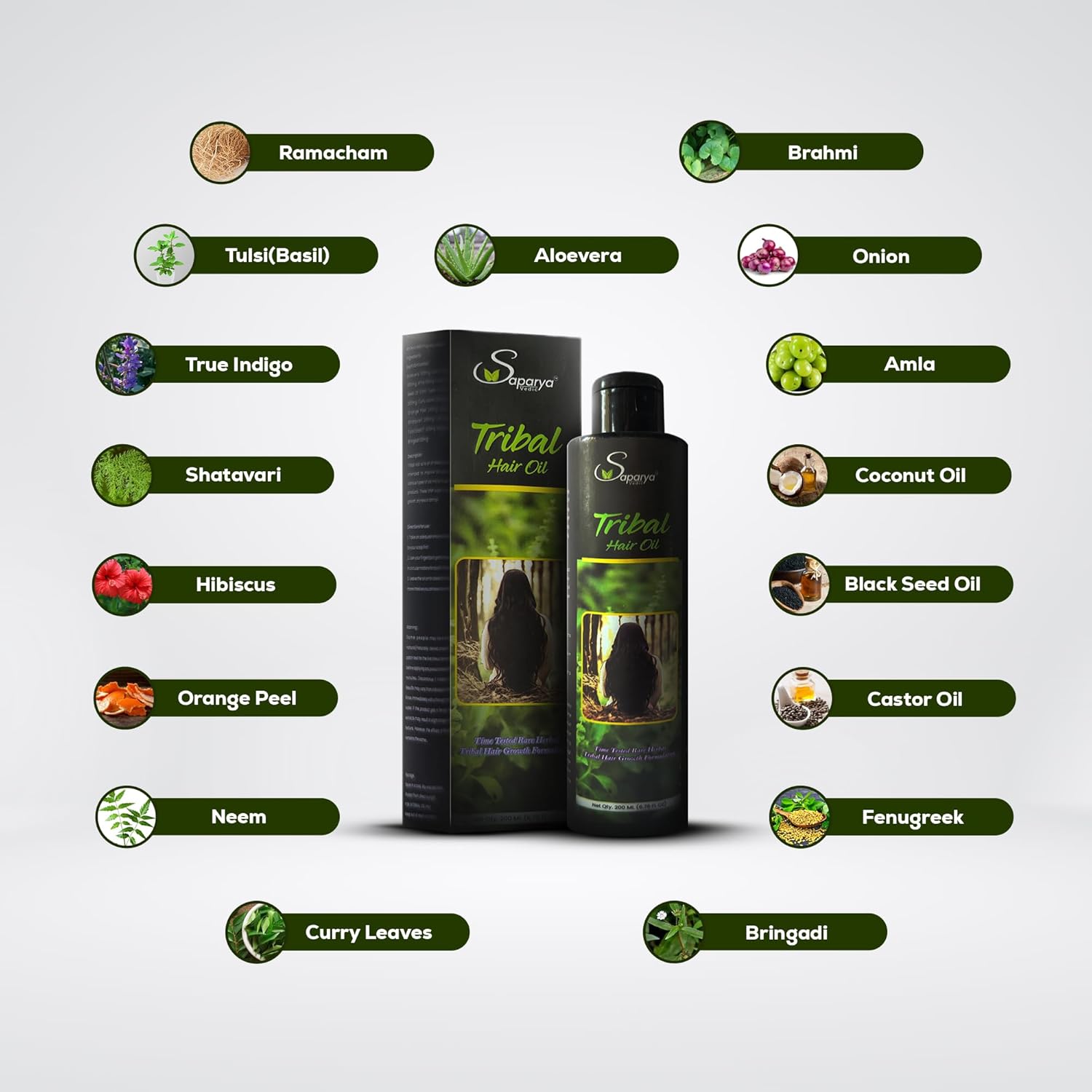 Saparya Vedic Tribal-HAIR GROWTH OIL | For Men & Women | With Rose mary (True indigo), bringaraj, Onion, Neem, Amla & Rare hair growth herbs in coconut oil | strenthens hair roots, prevents hair breakage, aids hair growth & stops dandruff | 200 ml