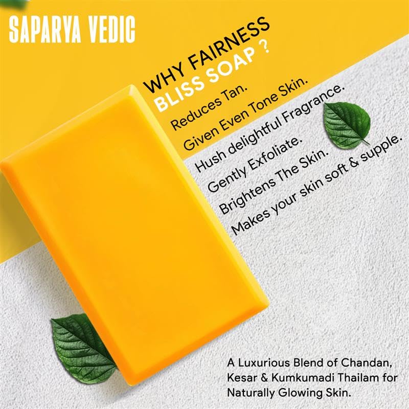 Saparya Vedic Fairness Bliss| Sandal wood and Kumkumadi thailam (SAFFRON OIL) | Handcrafted Glycerine Soap | With chandan and Kesar | Aromatic with Avarampoo,and Aloe Vera |Tan removal specialist for glowing skin bath soap 100 gm. Soap set of: (8)