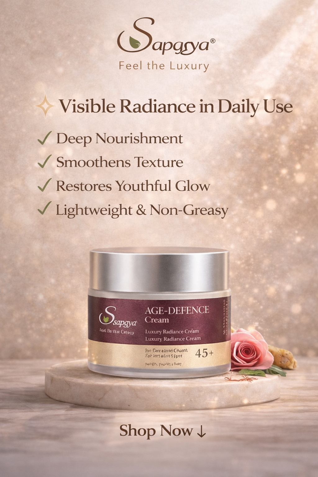 Saparya Age-Defence Cream jar with on a soft background