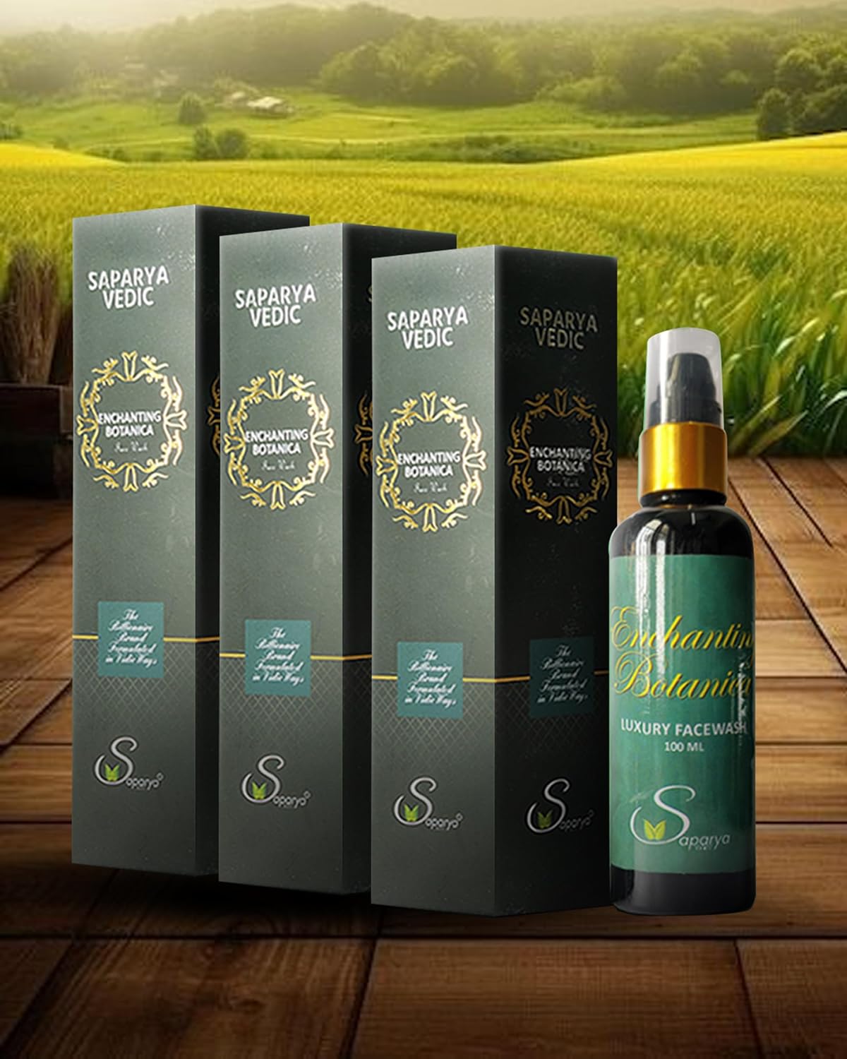 Saparya Vedic skincare products on a wooden surface 