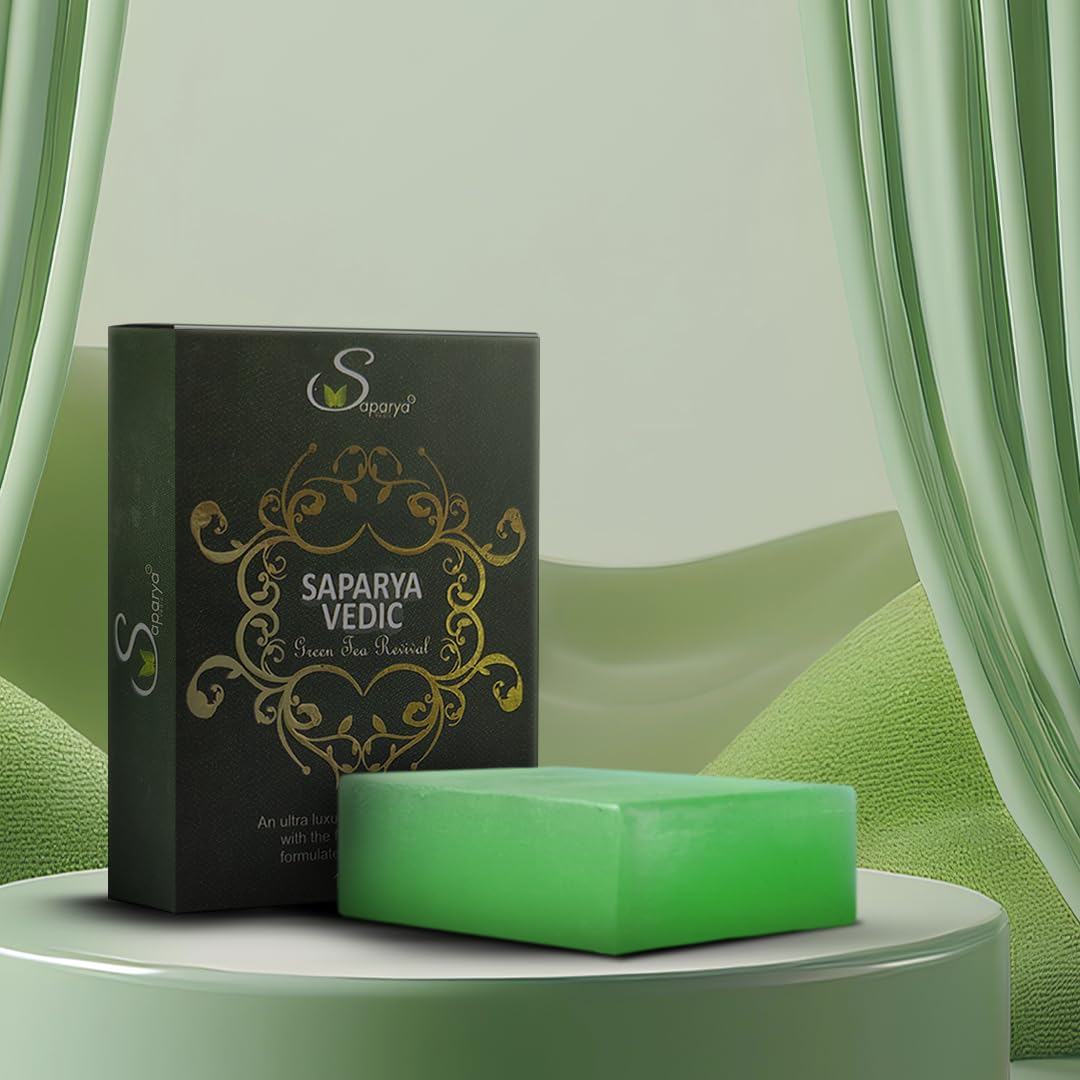 Best tan removing Specialist soap of soap with a black box labeled 'Saparya Vedic' on a green surface.
