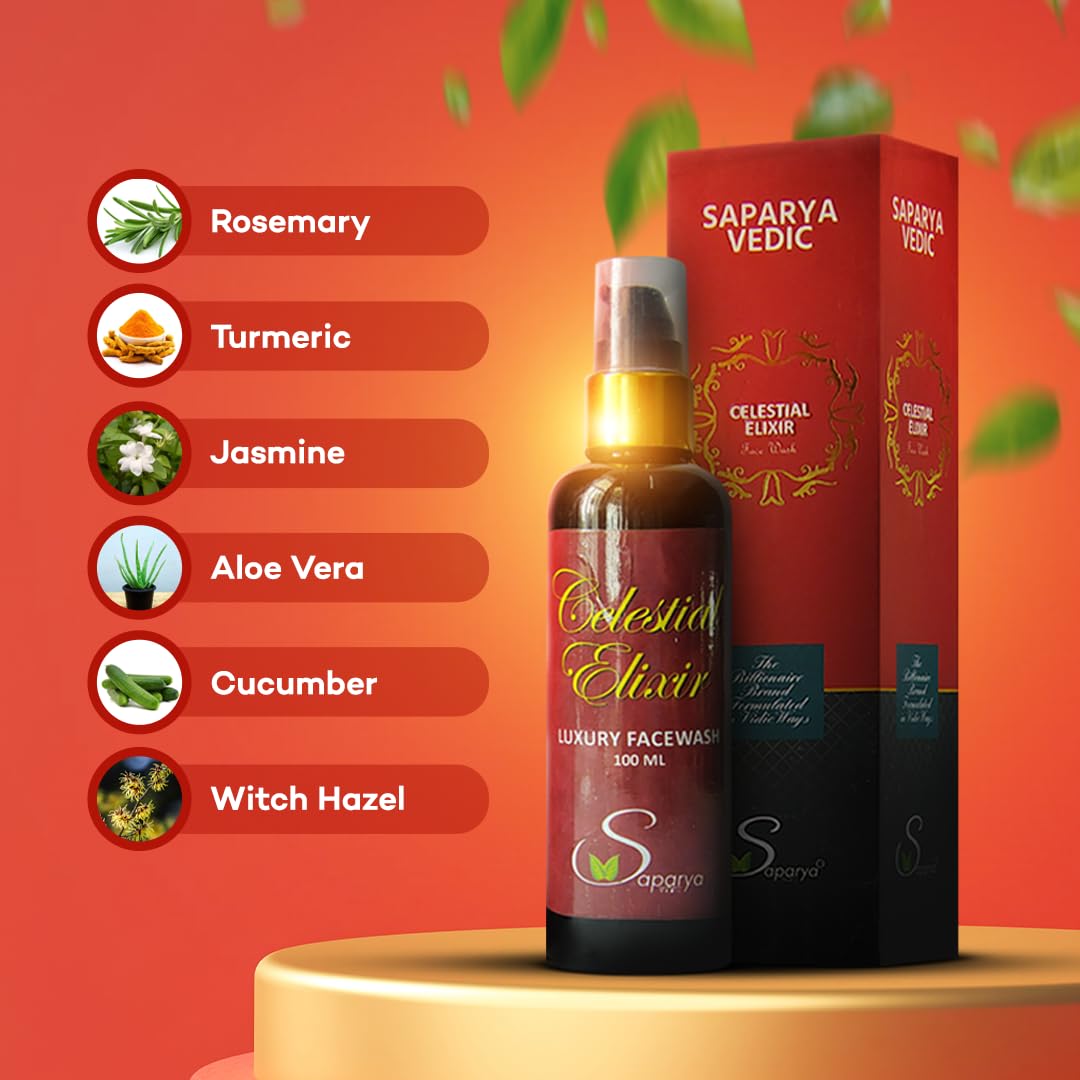 Saparya Vedic Celestial Elixir facewash bottle and packaging on an orange background with ingredient list.