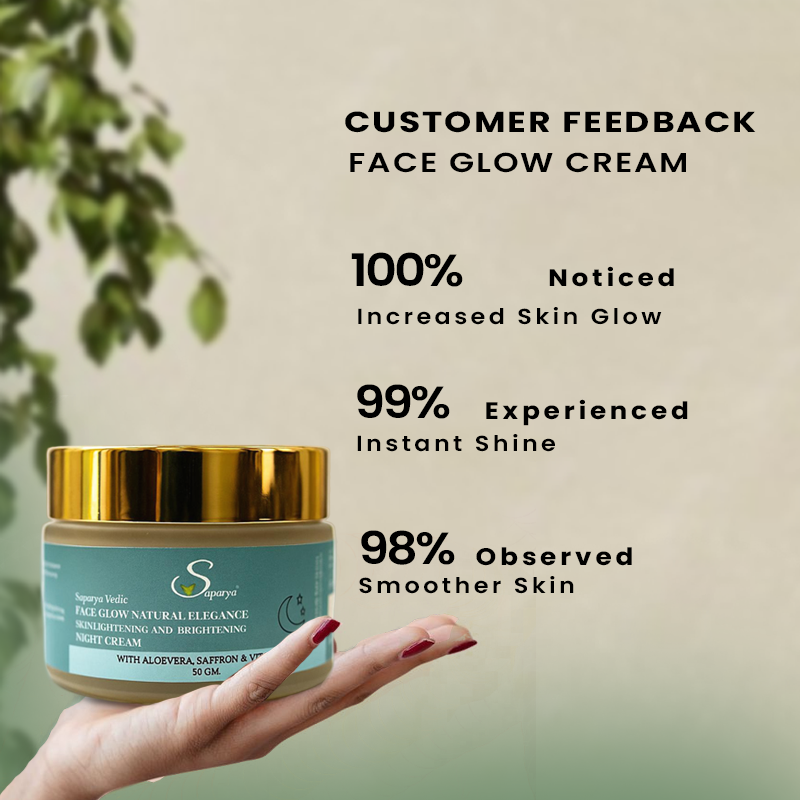 Face glow cream jar with customer feedback text on a neutral background