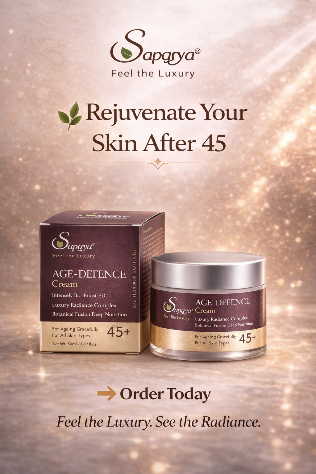 Saparya Vedic-Age-Defence -Cream packaging with a glowing background