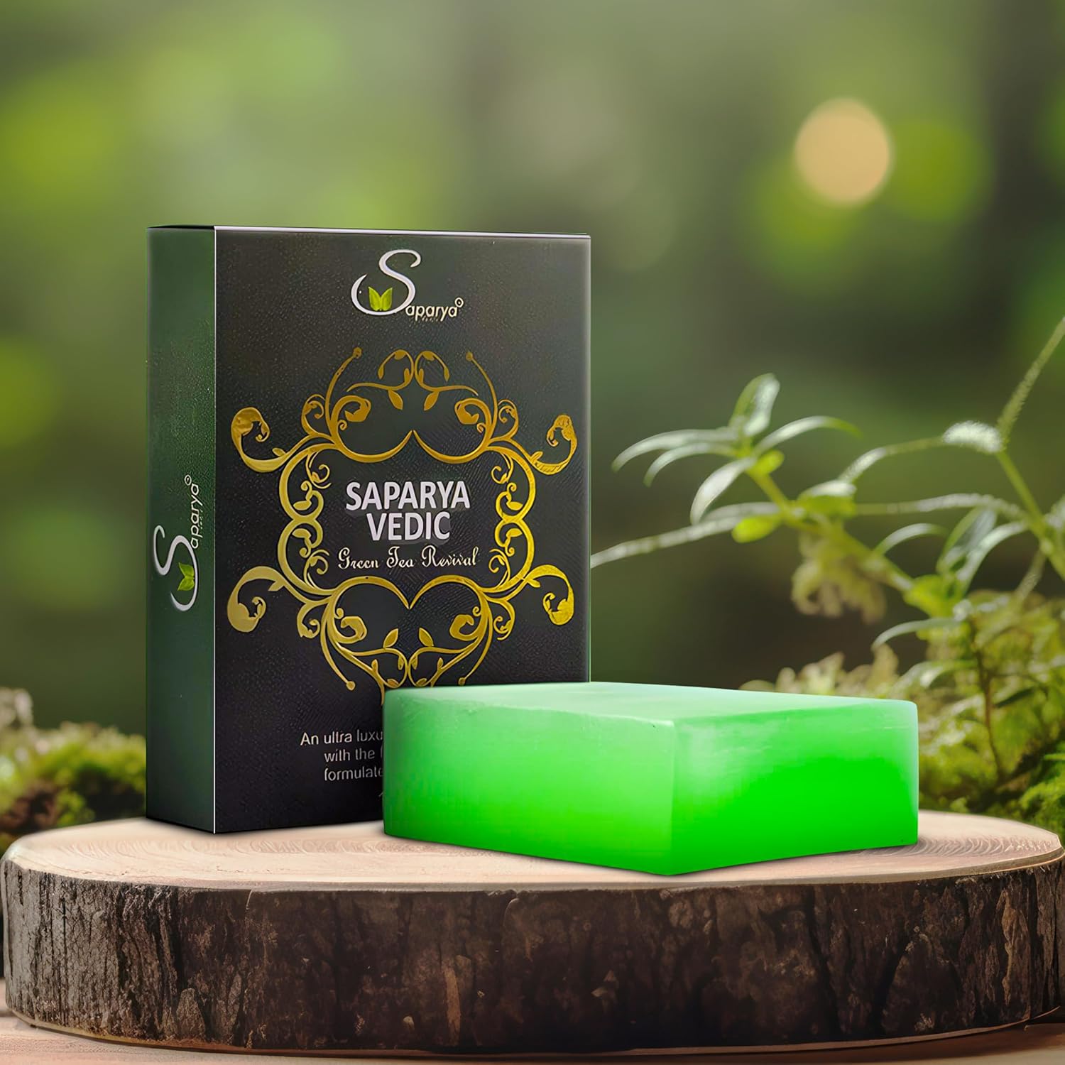 Saparya Vedic Ayurvedic tan removing soap packaging on a wooden platform with a natural background