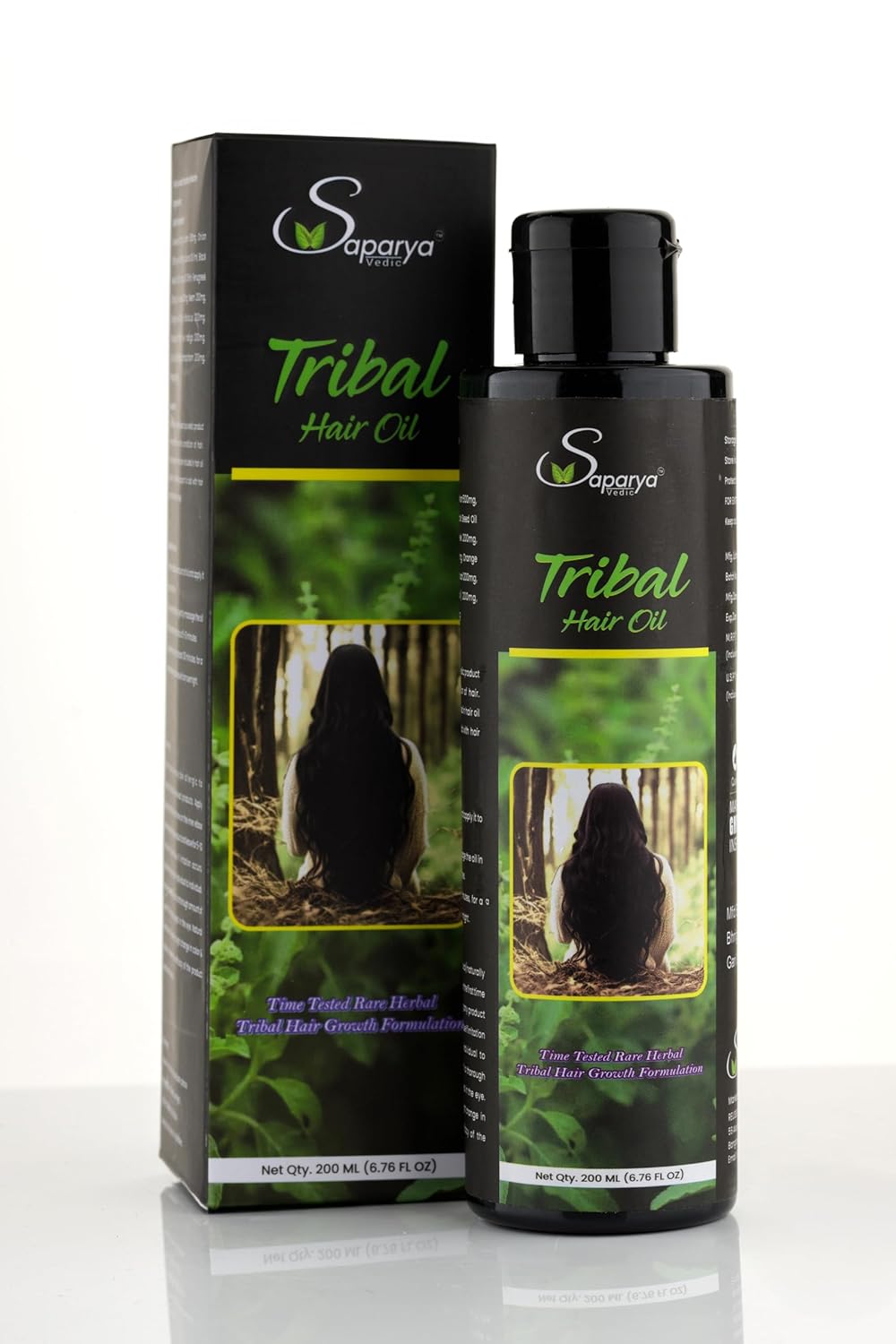 Saparyavedic Tribal Hair growth Oil packaging with bottle on a white background