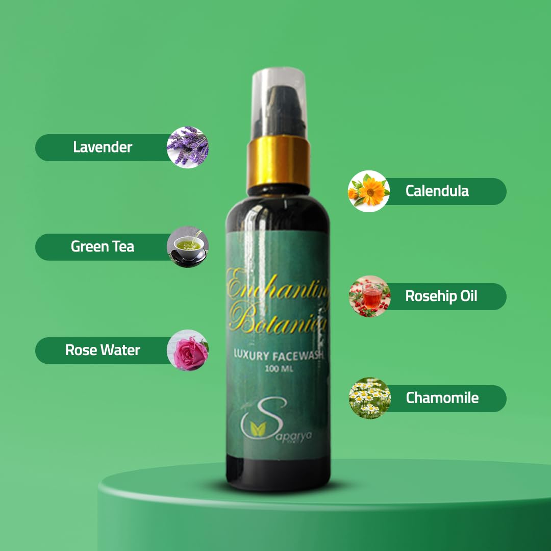 Bottle of Saparyavedic luxury facewash with botanical elements on a green background