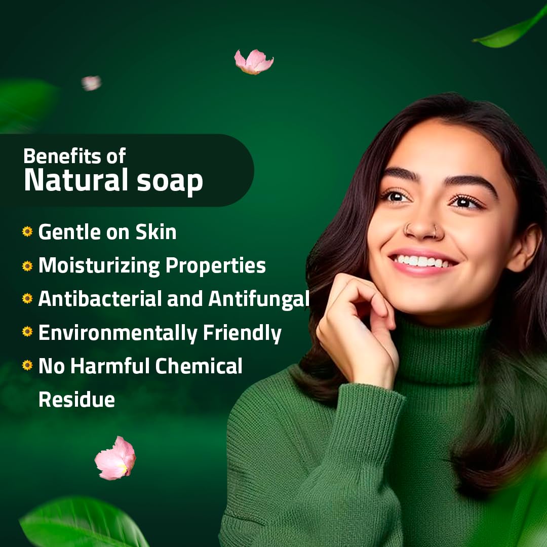 Woman with a green sweater against a green background with text about the benefits of Tan removing soap