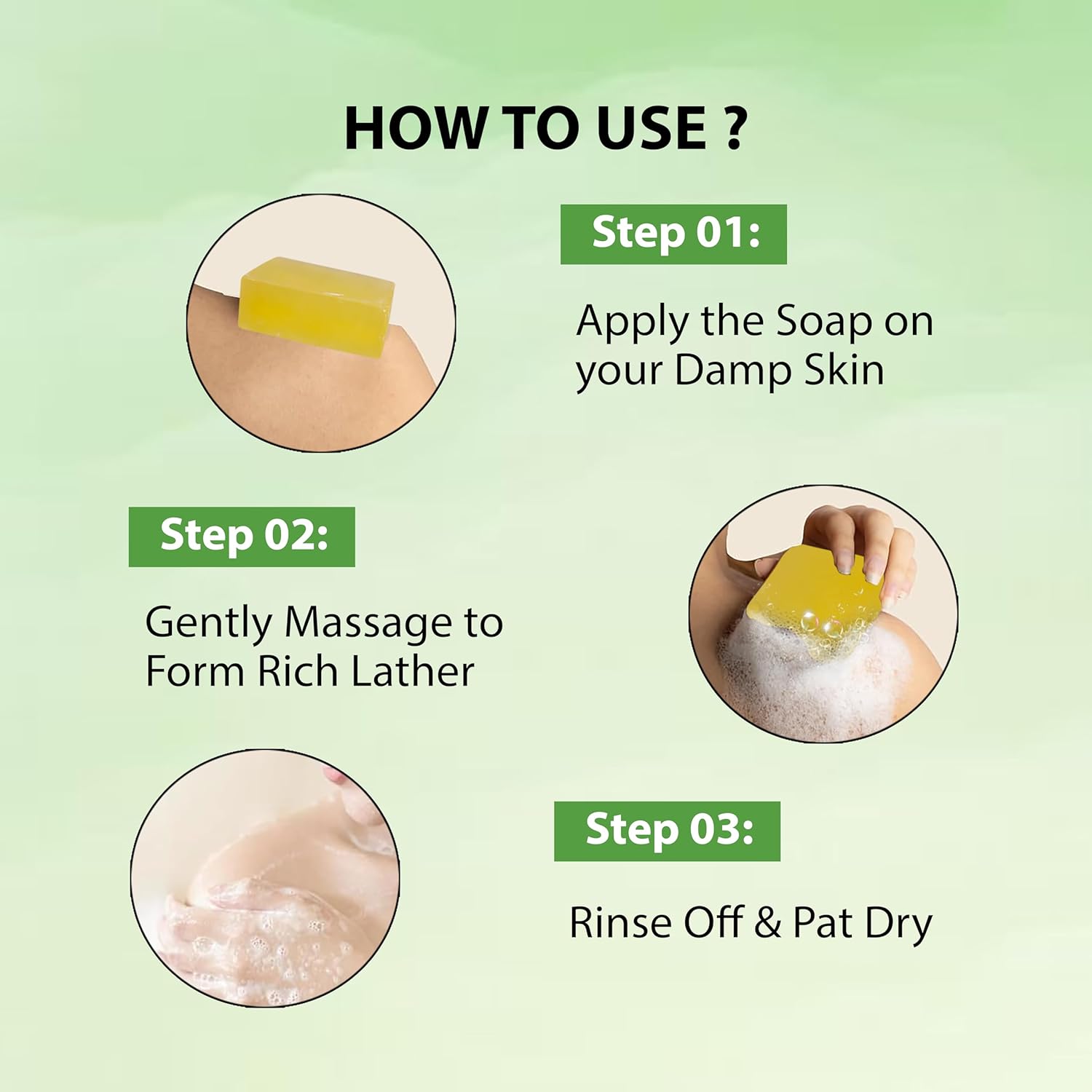 Instructions on how to use soap with images and text on a green background