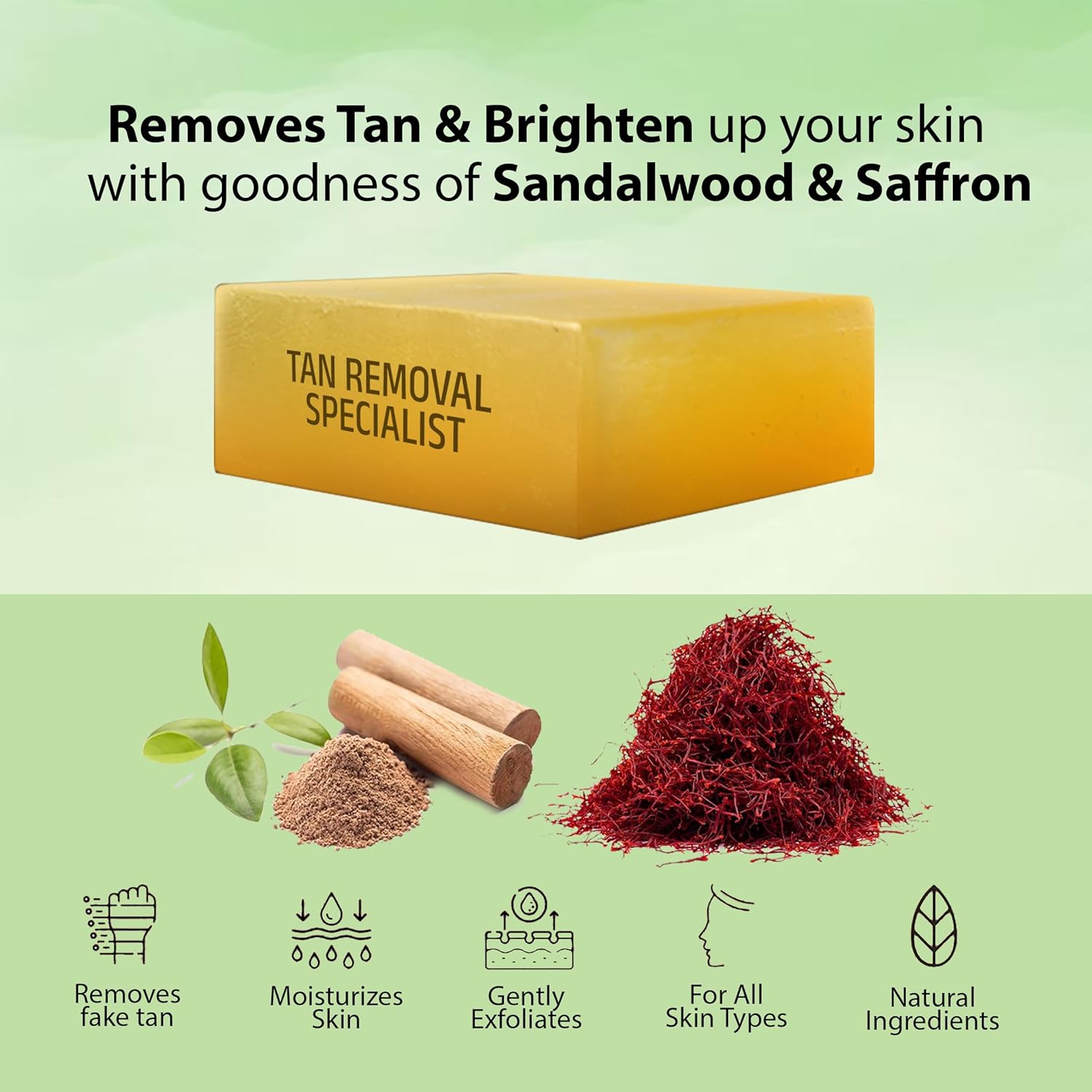 Tan removal soap bar with sandalwood and saffron ingredients