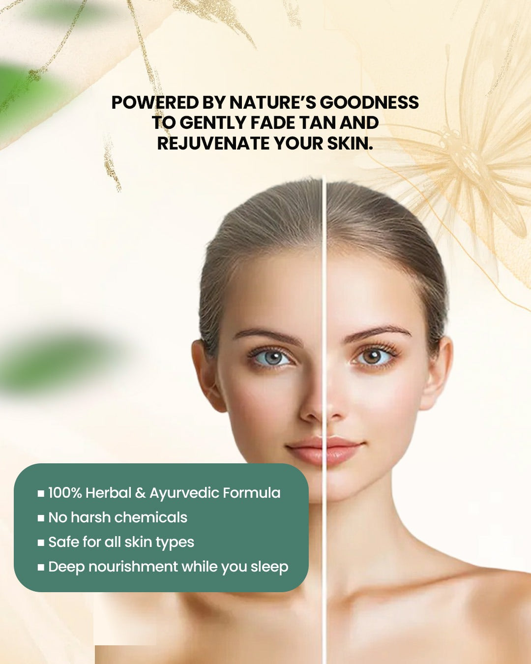  skin care product with a split image of a woman's face before and after use, set against a nature-themed background.