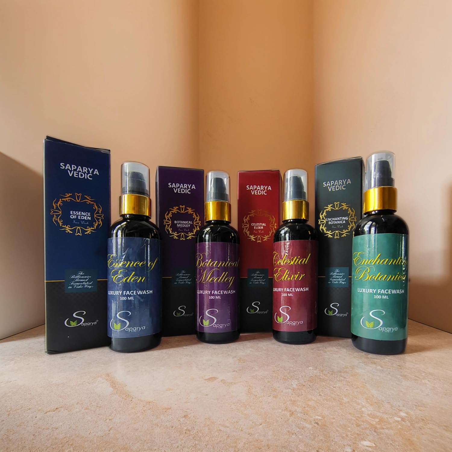 Collection of Saparya Vedic skincare products on a wooden surface 
