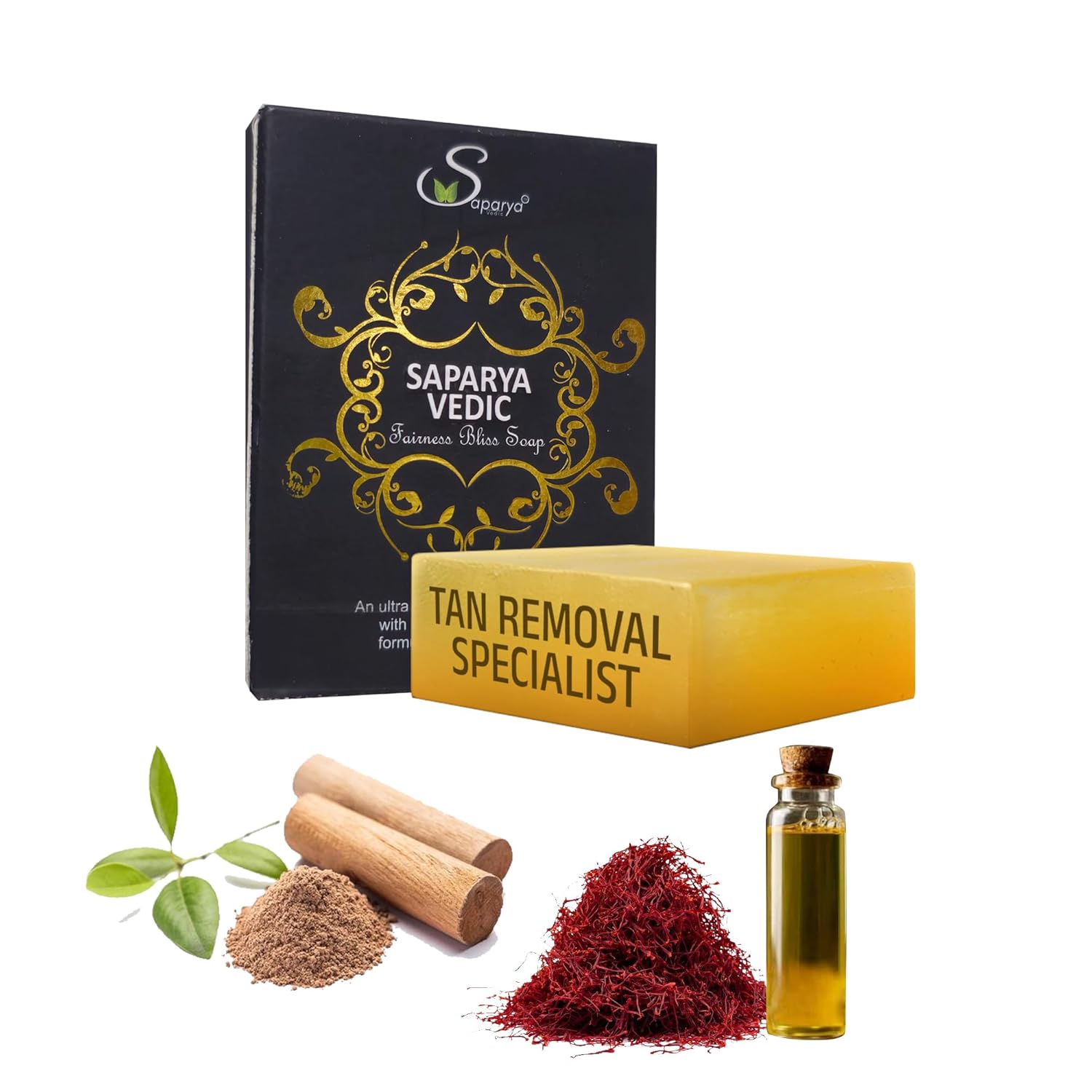 Saparya Vedic tan removal soap with packaging, cinnamon sticks, saffron, and other ingredients on a white background