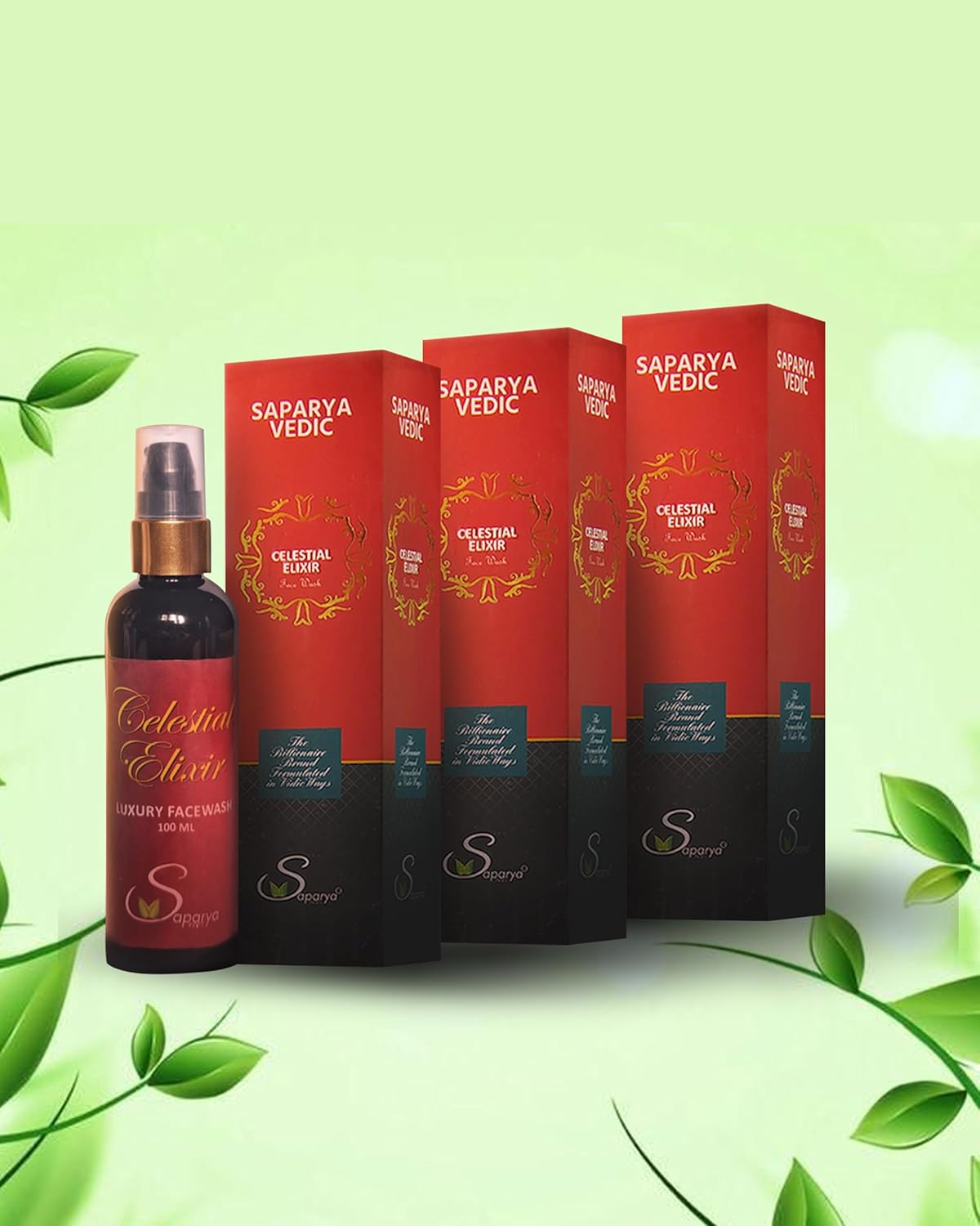Saparya Vedic Face wash product packaging with a bottle on a green background